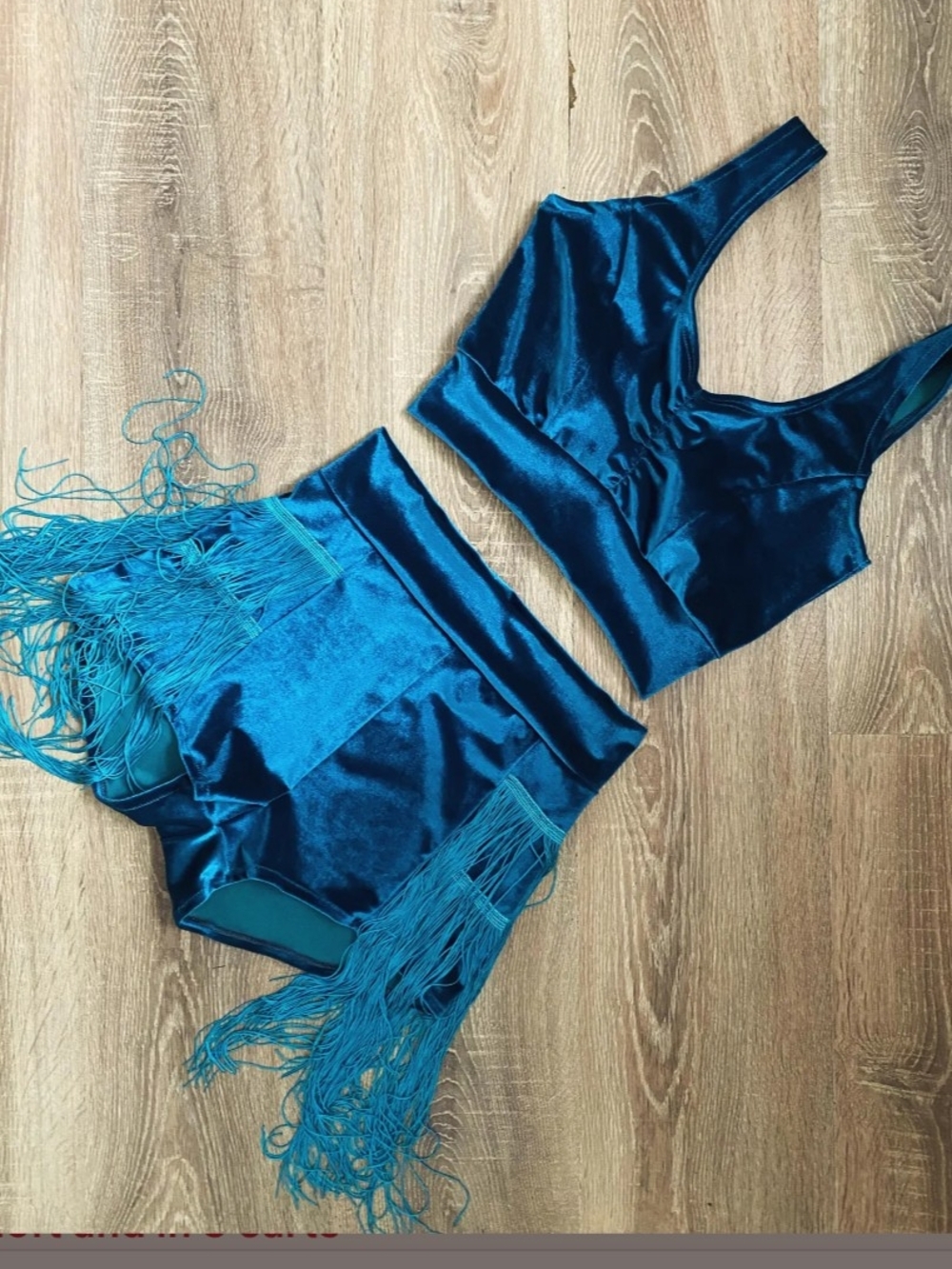 Burning Man Teal Satin Fringe Two-Piece Set - Crop Top & Fringe Hot Pants